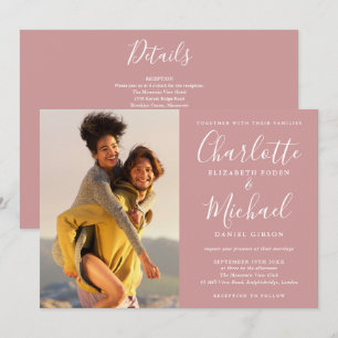 Invitation Dusty Rose Élégant Script Photo Mariage Tout En Un