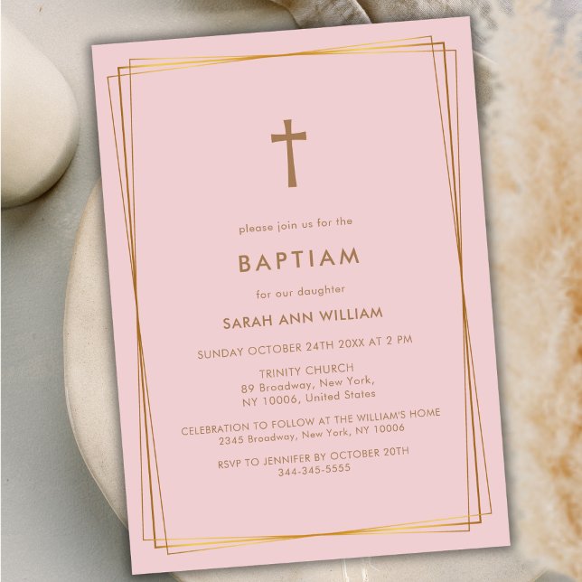 Invitation Dusty Rose Élégante Typographie Or Croix Baptême (Dusty Rose Elegant Gold Typography Cross Baptism Invitation)