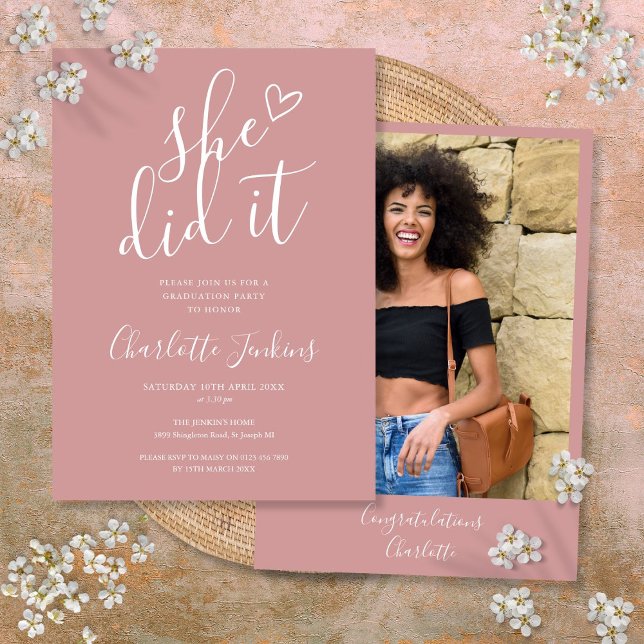 Invitation Dusty Rose Elle L'A Fait Photo Graduation Party (Dusty Rose She Did It Photo Graduation Party Invitation)