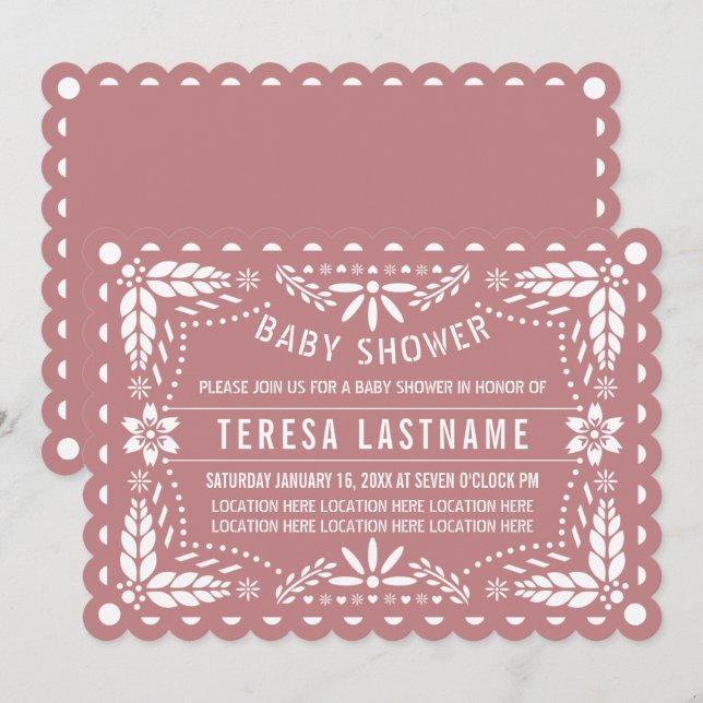 Invitation Dusty rose et blanc papillon picado bébé douche (Devant / Derrière)
