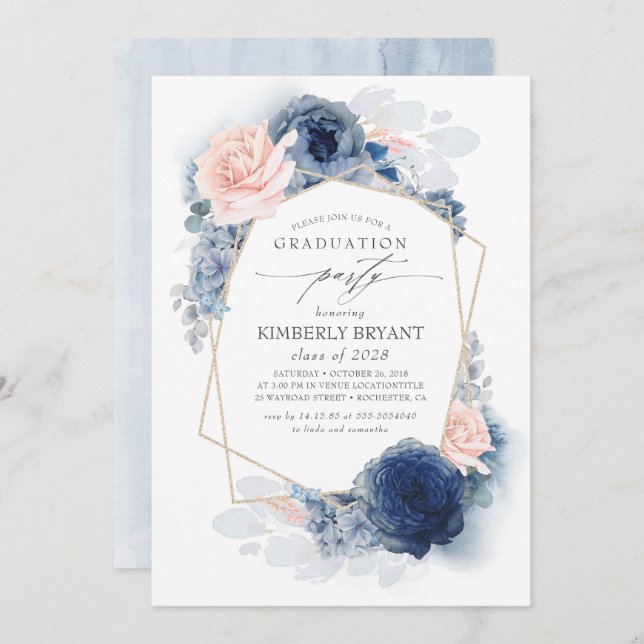 Invitation Dusty rose et bleu marine Floral Ombre Graduation (Devant / Derrière)