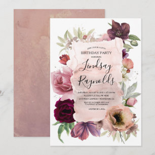 Invitation Dusty rose et bordeaux fête d'anniversaire florale