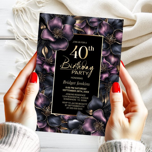 Invitation Dusty rose et gris Floral 40e fête d'anniversaire (Créateur téléchargé)