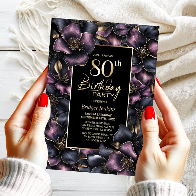 Invitation Dusty rose et gris Floral 80e fête d'anniversaire (Créateur téléchargé)