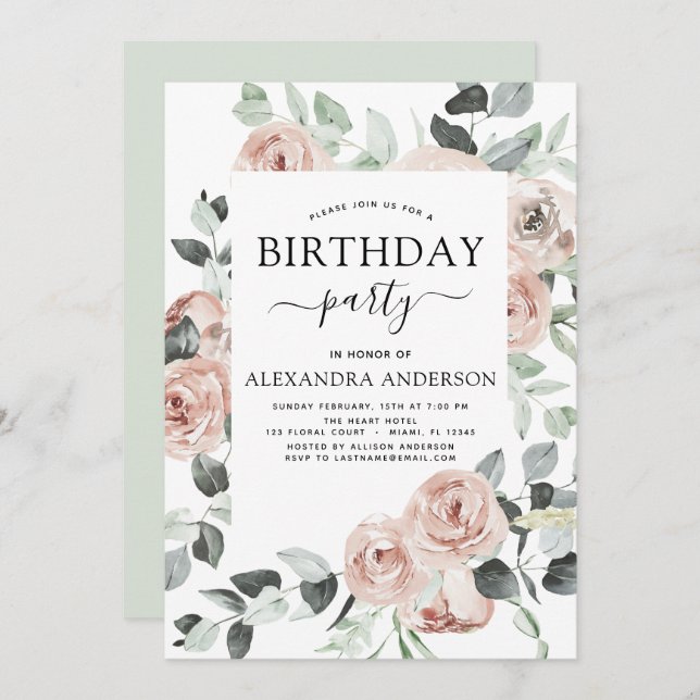 Invitation Dusty rose fête d'anniversaire Floral Green Invita (Devant / Derrière)
