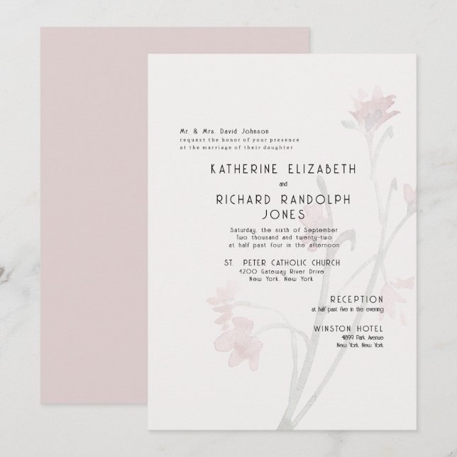 Invitation Dusty Rose Fleur sauvage 2 Mariage du site (Devant / Derrière)