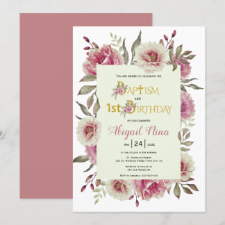 Invitation Dusty rose fleurs fille baptême et 1er anniversair