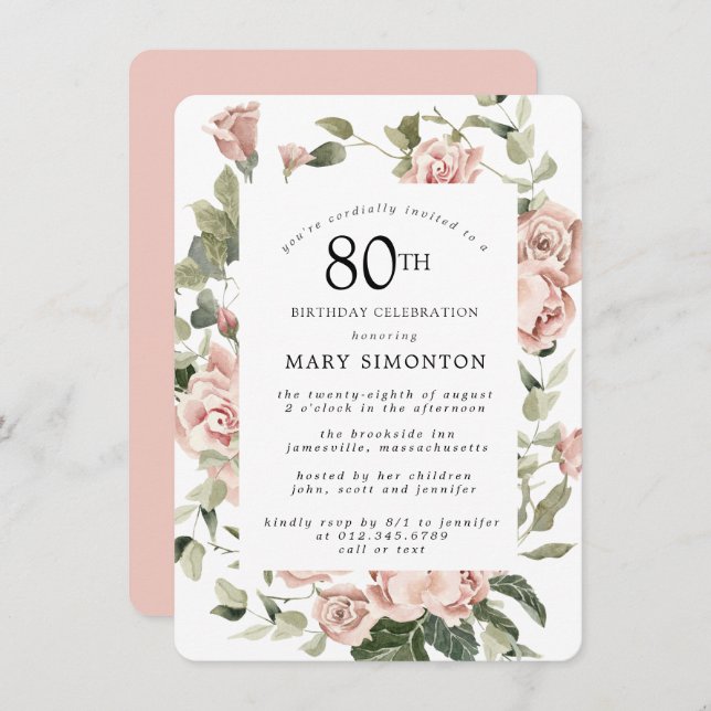 Invitation Dusty Rose Floral 80e fête d'anniversaire (Devant / Derrière)