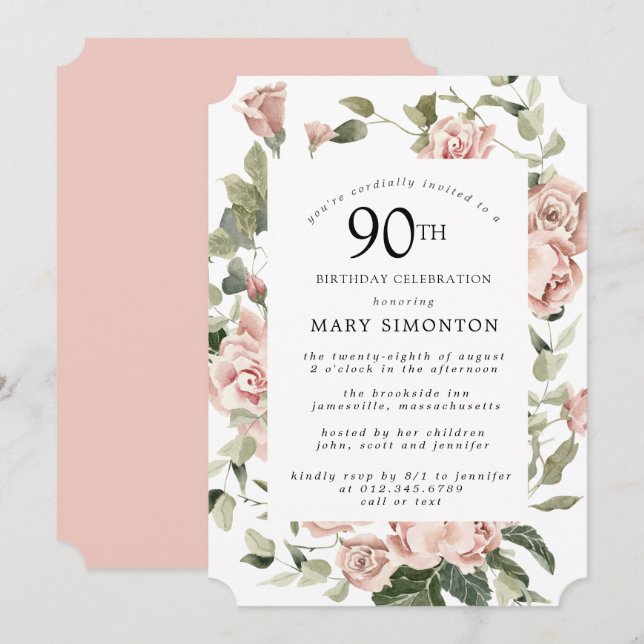 Invitation Dusty Rose Floral 90e anniversaire de fête Invitat (Devant / Derrière)