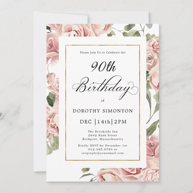 Invitation Dusty Rose Floral 90e fête d'anniversaire (Devant)