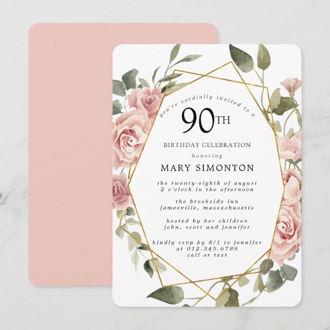 Invitation Dusty Rose Floral 90e fête d'anniversaire (Devant / Derrière)
