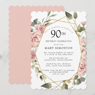 Invitation Dusty Rose Floral 90e fête d'anniversaire