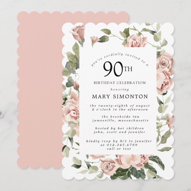 Invitation Dusty Rose Floral 90e fête d'anniversaire (Devant / Derrière)
