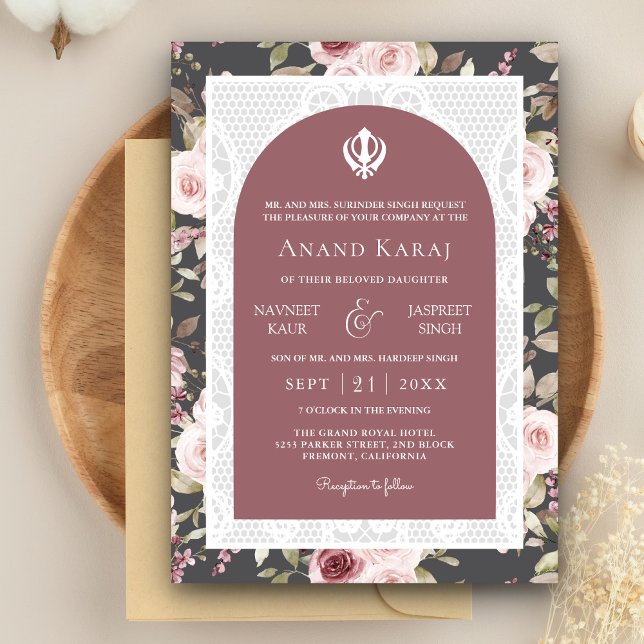 Invitation Dusty Rose Floral Anand Karaj Punjabi Sikh Mariage (Créateur téléchargé)