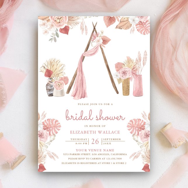 Invitation Dusty rose Floral Boho Beach Arbor Fête des mariée (Créateur téléchargé)