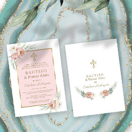 Invitation Dusty Rose Floral Espagnol 1er Anniversaire & Bapt