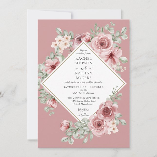 Invitation Dusty Rose Floral Gold Mariage géométrique (Devant)