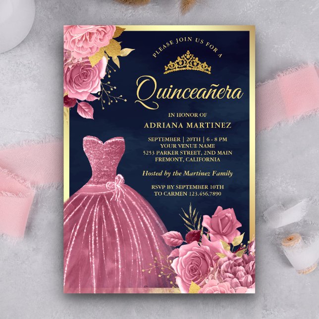 Invitation Dusty rose Floral Gown Navy Blue Gold Quinceanera (Créateur téléchargé)