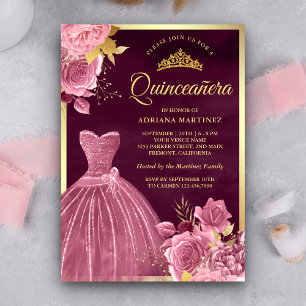 Invitation Dusty rose Floral Gown Plum Gold Quinceanera