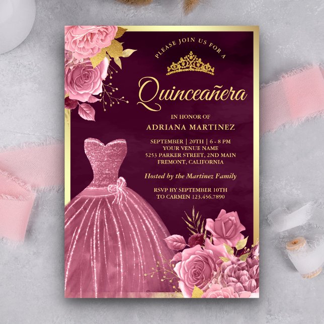 Invitation Dusty rose Floral Gown Plum Gold Quinceanera (Créateur téléchargé)