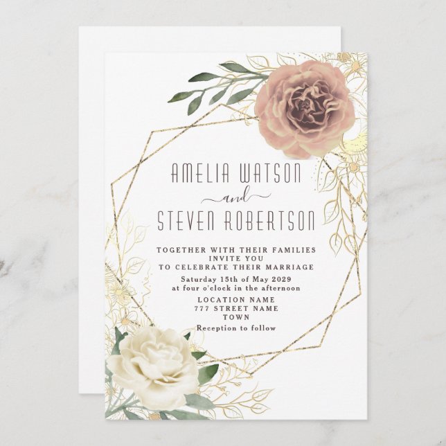 Invitation Dusty Rose Floral Greenery Mariage Inviter (Devant / Derrière)