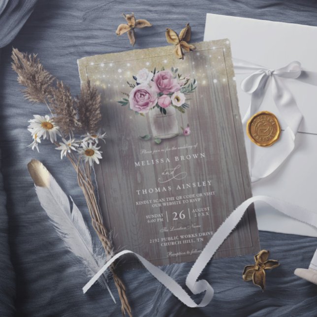 Invitation Dusty Rose Floral Mason Jar Rustic QR Code Wedding (Créateur téléchargé)