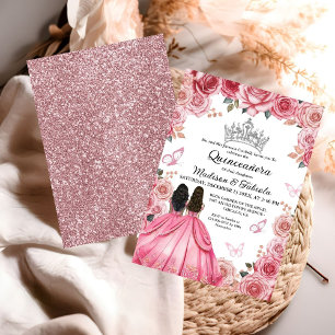 Invitation Dusty rose floral papillon Twin Girl Quinceanera