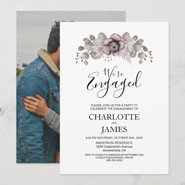 Invitation Dusty Rose Floral Photo Engagement (Devant / Derrière)