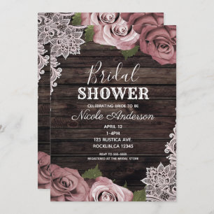 Invitation Dusty rose Floral Rose Rustic Wood Fête des mariée