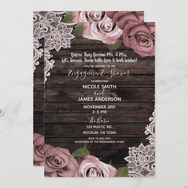 Invitation Dusty rose Floral Rose Rustic Wood Fiançailles (Devant / Derrière)