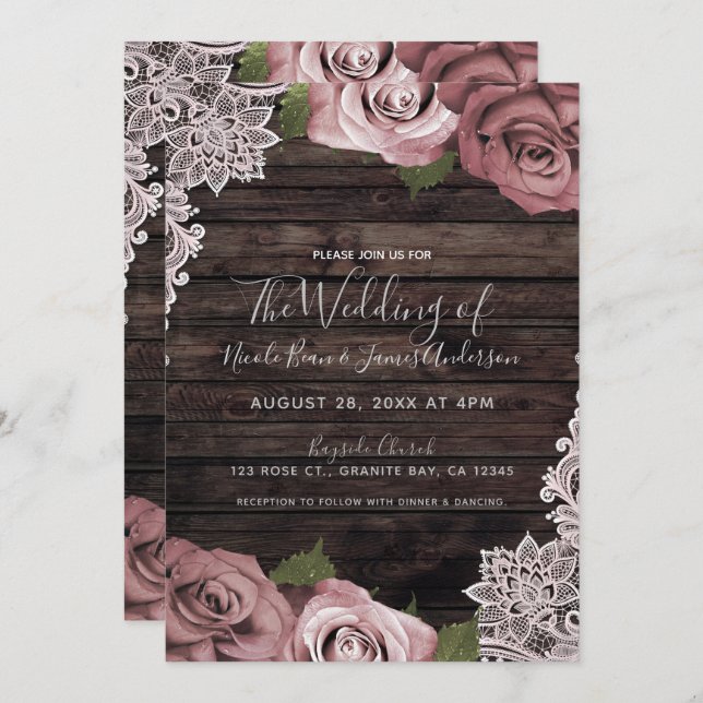 Invitation Dusty rose Floral Rose Rustique Bois et Mariage de (Devant / Derrière)