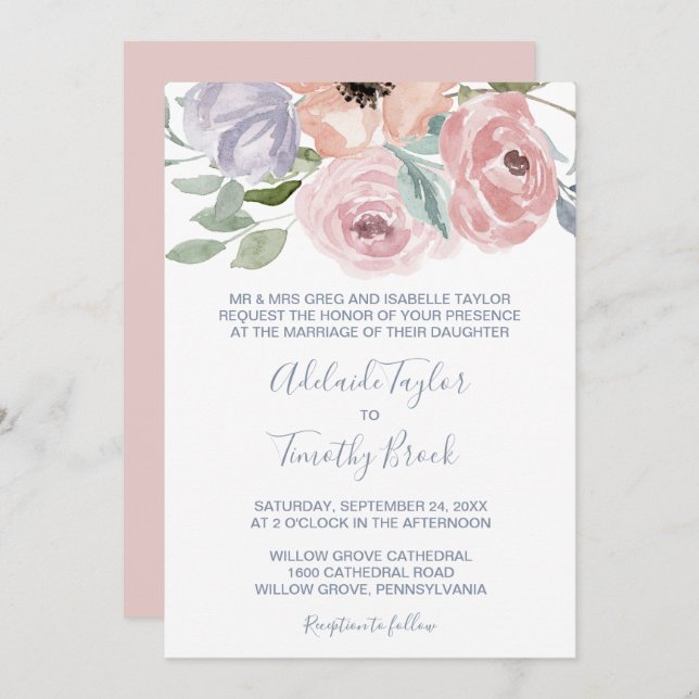 Invitation Dusty Rose Florals Mariage officiel (Devant / Derrière)