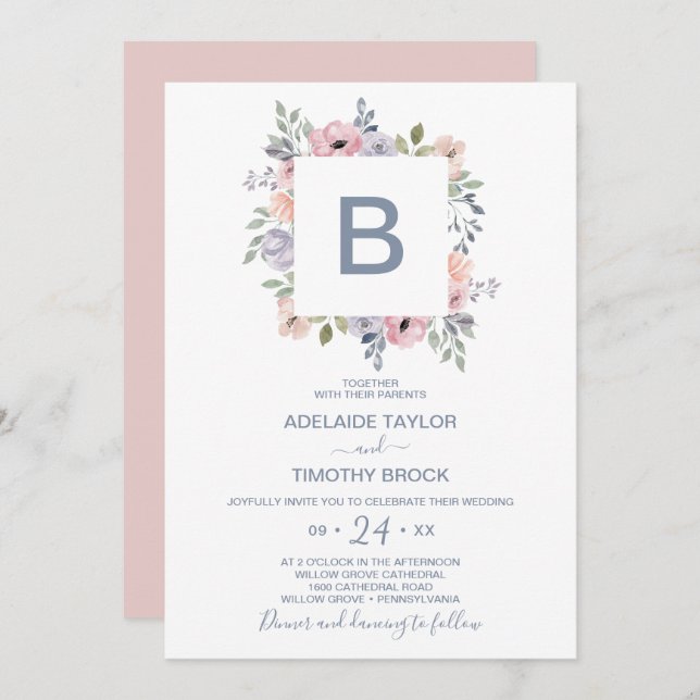 Invitation Dusty Rose Florals Monogram Mariage (Devant / Derrière)