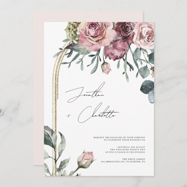 Invitation Dusty Rose & Gold Arch Modern Blush Mariage (Devant / Derrière)