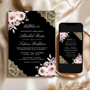 Invitation Dusty Rose Gold Lace QR Code Black Muslim Mariage