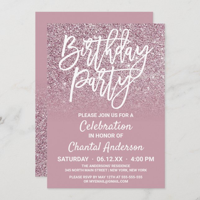 Invitation Dusty Rose Gold Pink Parties scintillant Ombre Ann (Devant / Derrière)