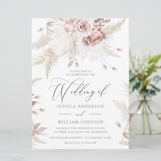 Invitation Dusty Rose & Ivory Floral Grand Mariage (Debout devant)