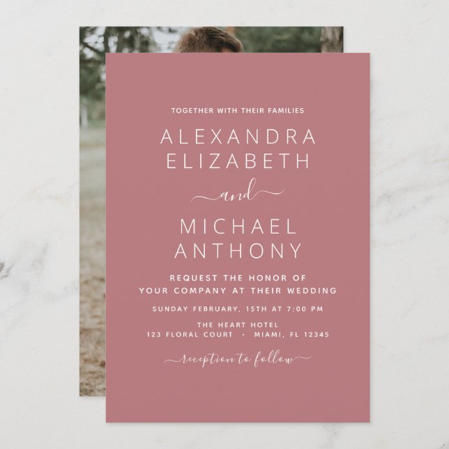 Invitation Dusty Rose Mariage rose avec photo (Devant / Derrière)