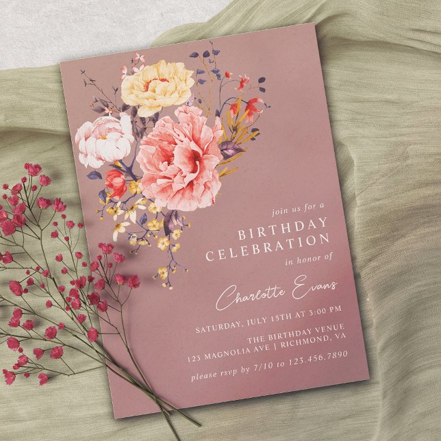 Invitation Dusty Rose Mauve | Anniversaire floral du Boho élé (Créateur téléchargé)