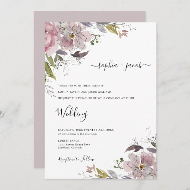 Invitation Dusty Rose Mauve Blush rose Floral Mariage (Devant / Derrière)