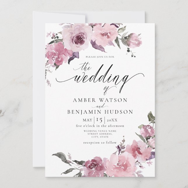 Invitation Dusty Rose Mauve Pink Blush FlorMariage (Devant)