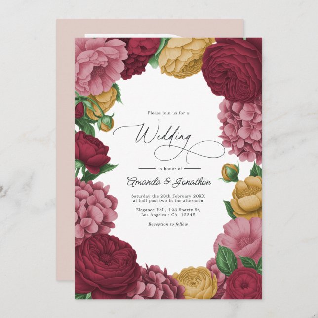 Invitation Dusty Rose, Merlot & Antique Gold Floral Wedding (Devant / Derrière)