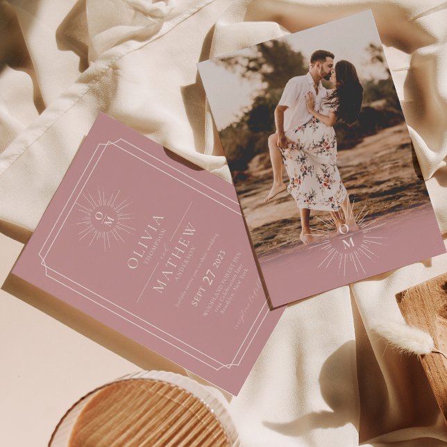 Invitation Dusty rose mi-siècle les années 70 Monogramme Mari (Créateur téléchargé)