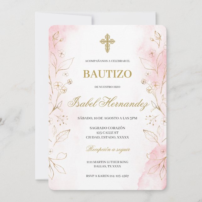 Invitation Dusty rose minimaliste Baptême espagnol (Devant)