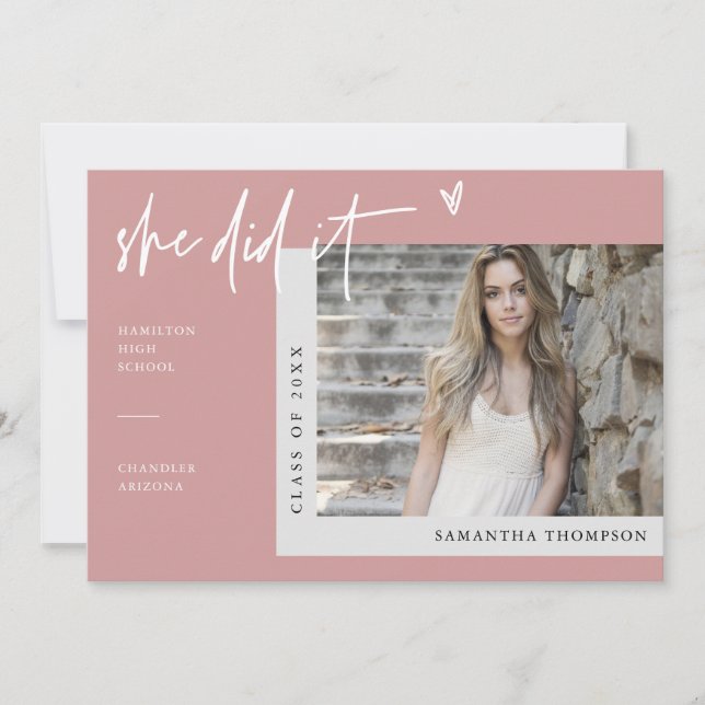 Invitation Dusty rose moderne Boho Elle l'a fait Grad Photo (Devant)