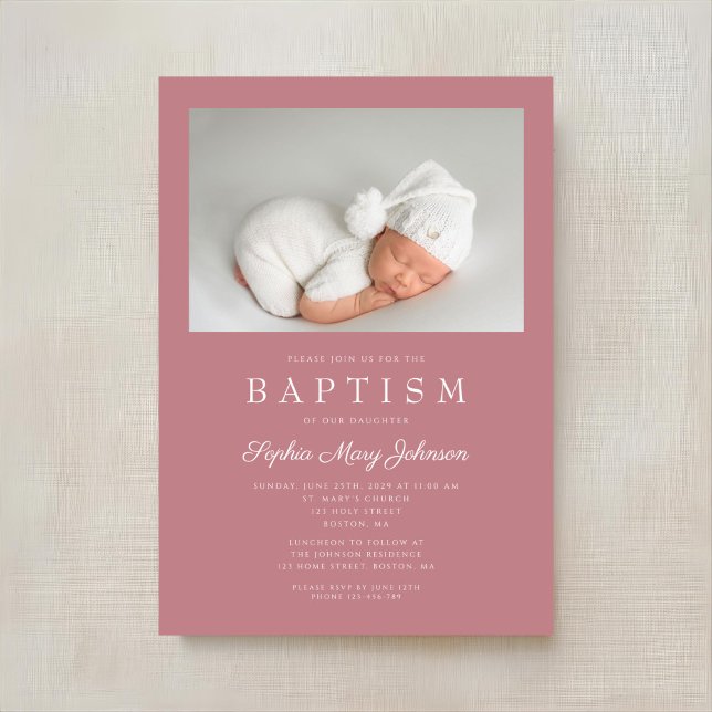 Invitation Dusty rose moderne fille photo Baptême (Dusty Pink Modern Girl Photo Baptism Invitation)