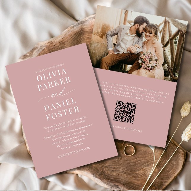 Invitation Dusty Rose Moderne QR Code Mariage photo (Créateur téléchargé)