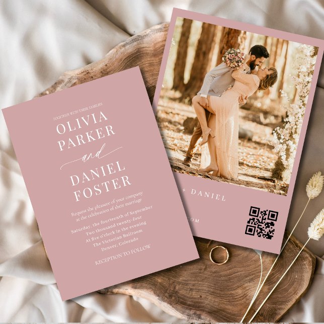 Invitation Dusty rose moderne QR Code Mariage photo (Créateur téléchargé)