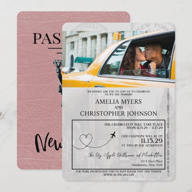 Invitation Dusty Rose New York City Passport Mariage (Devant / Derrière)