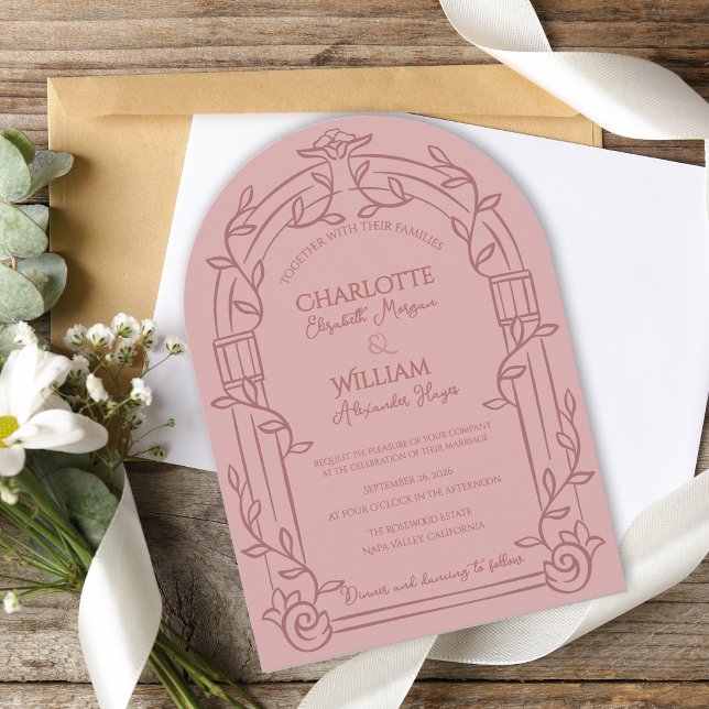Invitation Dusty Rose Ornate Arch Botanical Wedding (Dusty Rose Ornate Arch Botanical Wedding Invitation | Romantic Garden Estate Wedding Invite)